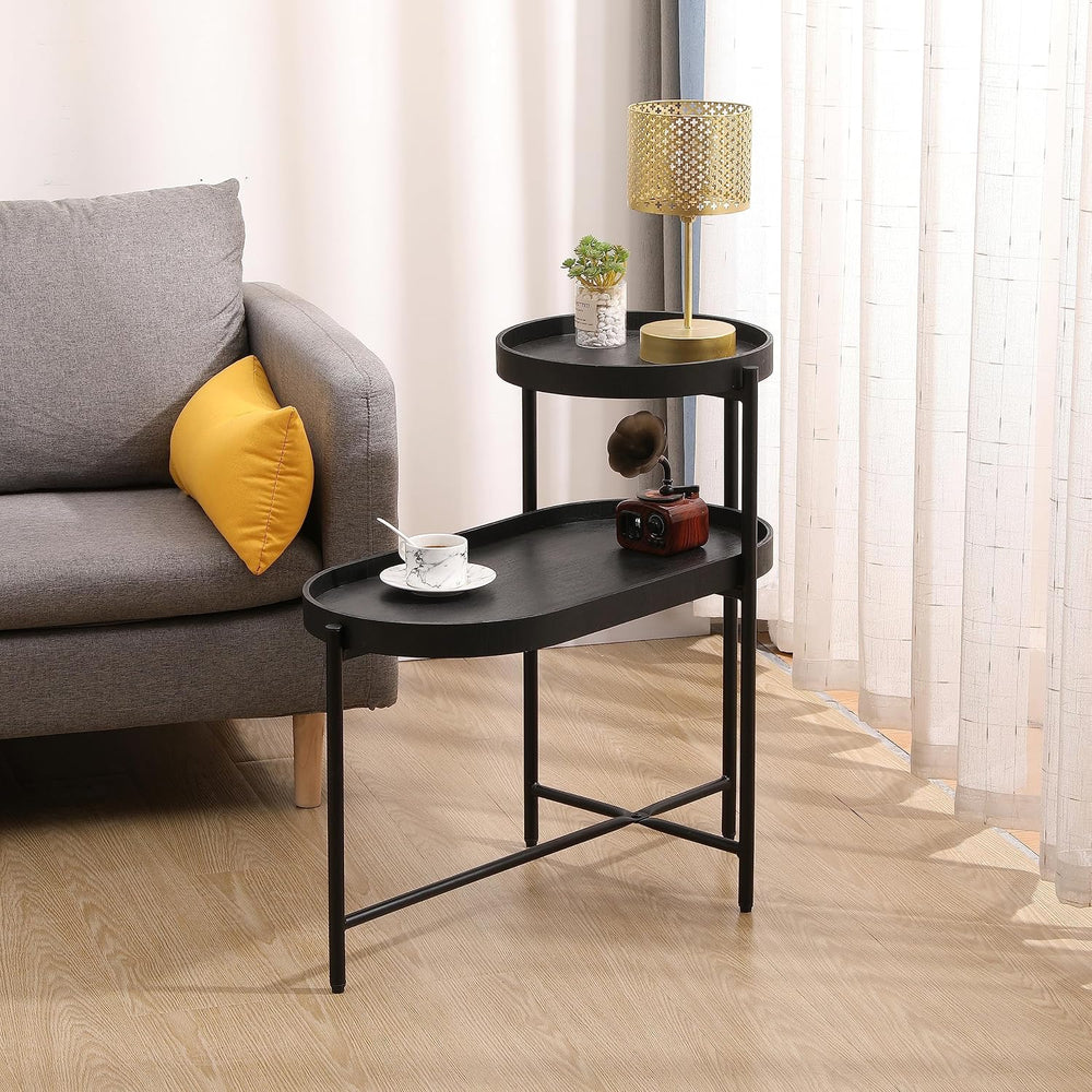 2-Tier Side Table, Metal & Wood Construction with Storage Shelf - Modern ...