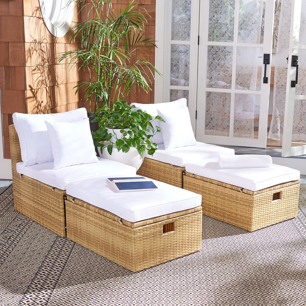SAFAVIEH Outdoor - Pramla Settee and Ottoman Set - Natural & White - Stee...