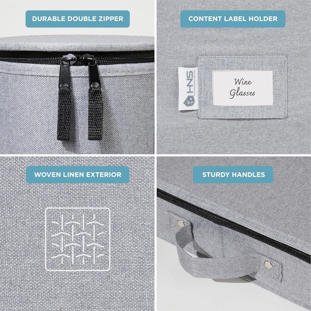 Hard Shell China Storage Containers 12-Piece Set Moving Boxes for Dinnerware, Glasses, Plates, Mugs and Saucers Sturdy Dish Organizer with Dividers for Seasonal Storage - Service for 12 - Grey