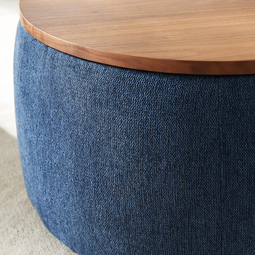 Modern Round Storage Ottoman with Wooden Top,Handmade Luxury Pleated Circle Fabric Storage Ottoman Coffee Table,End Table & Footstool for Living Room（Navy Blue）