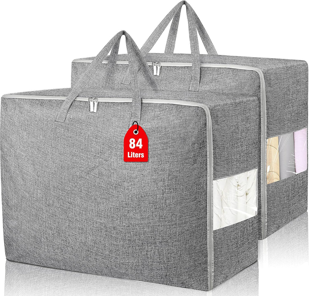 2Pack 84L Large Storage Bags, Folding Moving Comforter Blanket Storage Bags Closet Organizers and Storage Containers with Strong Handles&Zippers Clear Window for Clothes Bedding Pillow, Grey