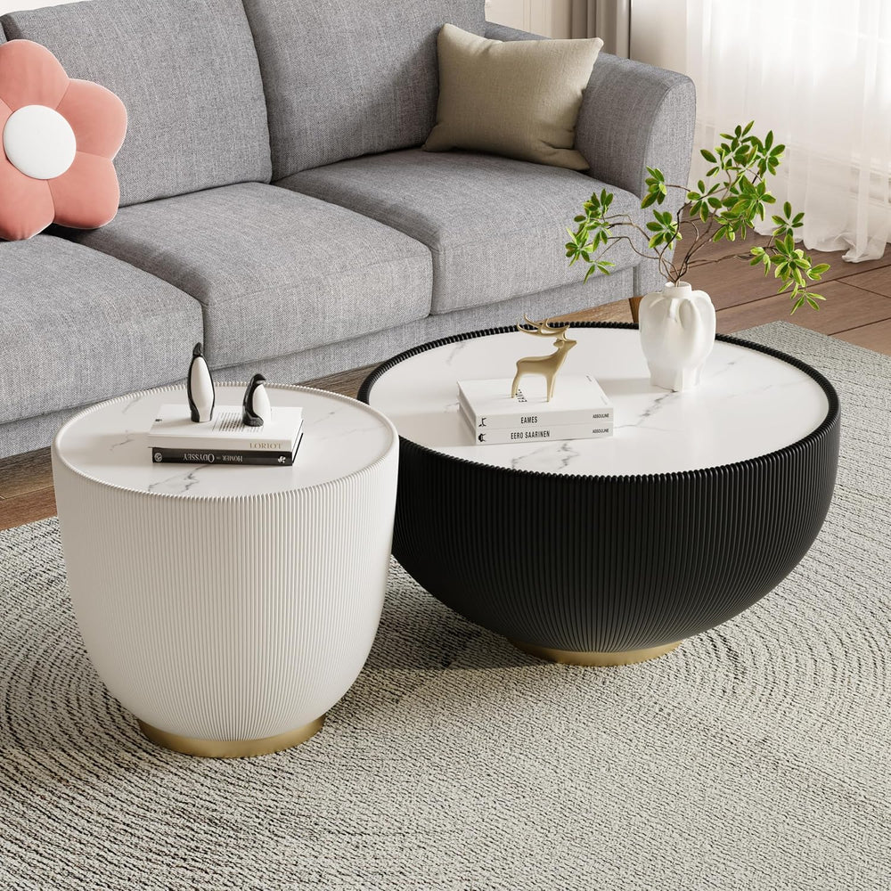 27.55" Black Round Coffee Table, Drum Coffee Table with Sintered Stone T...