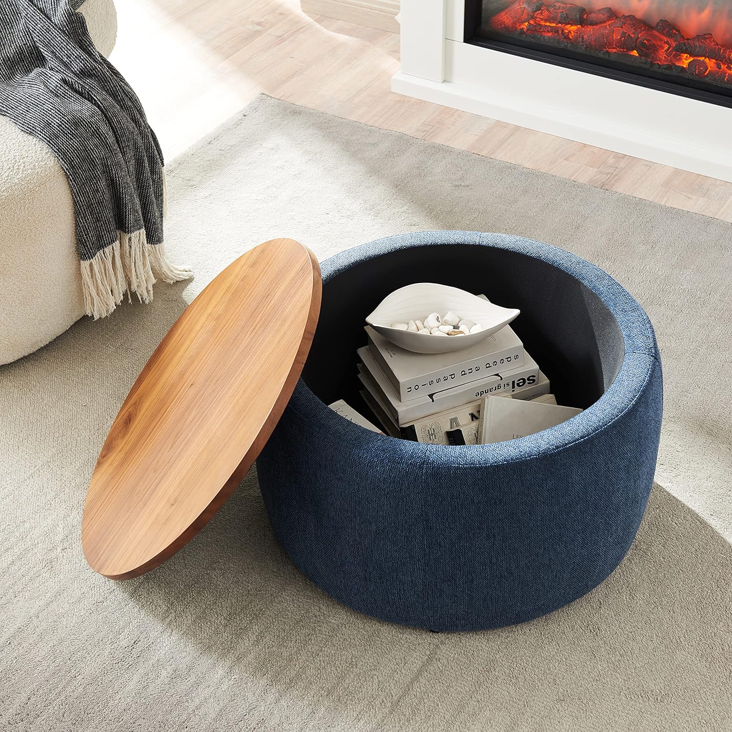 Modern Round Storage Ottoman with Wooden Top,Handmade Luxury Pleated Circle Fabric Storage Ottoman Coffee Table,End Table & Footstool for Living Room（Navy Blue）