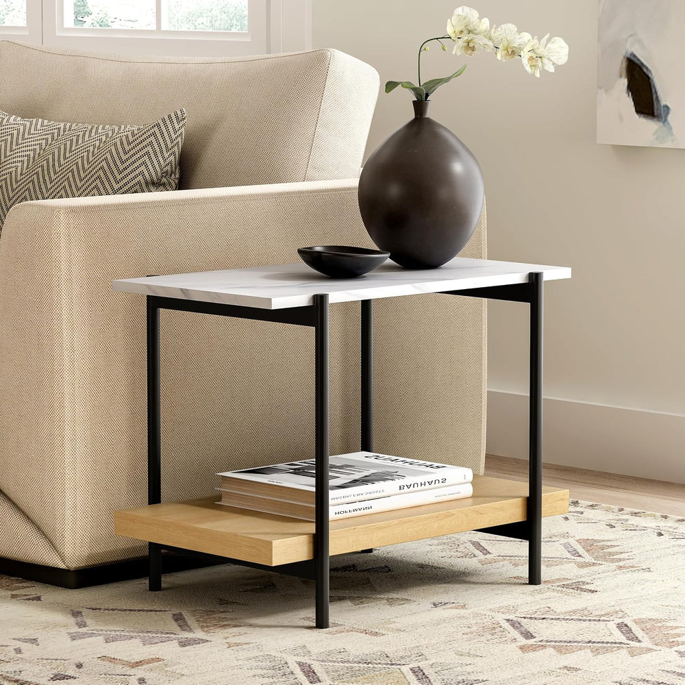 End Table with 2 Tier Wood Open Shelf, Rectangular Sofa Side Table with Metal...