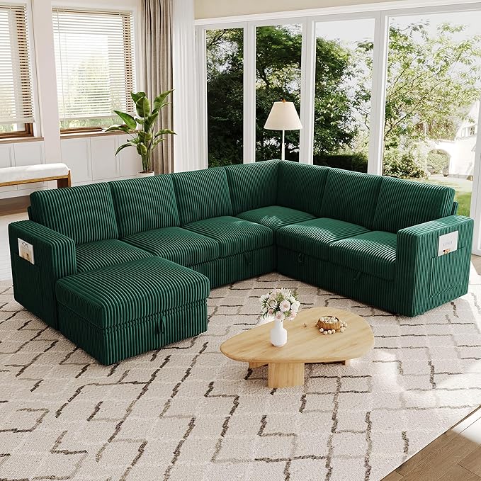 106.7" Sectional Sleeper Sofa with Pull Out Couch, Modern 7 Seat U Shaped Modular Couch, Green Sectionals Modular Sofa with Storage, Comfy Corduroy Couches Sectional for Living Room & Apartment