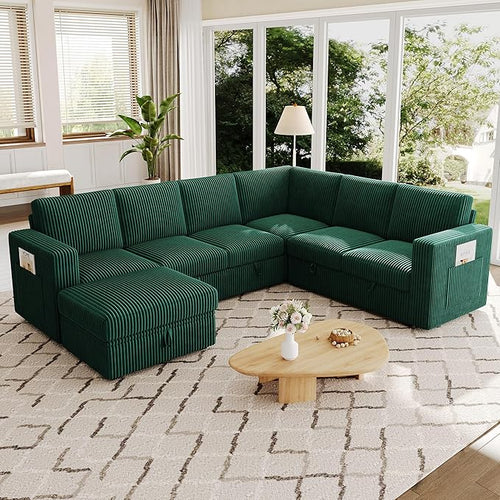 106.7" Sectional Sleeper Sofa with Pull Out Couch, Modern 7 Seat U Shaped Modular Couch, Green Sectionals Modular Sofa with Storage, Comfy Corduroy Couches Sectional for Living Room & Apartment