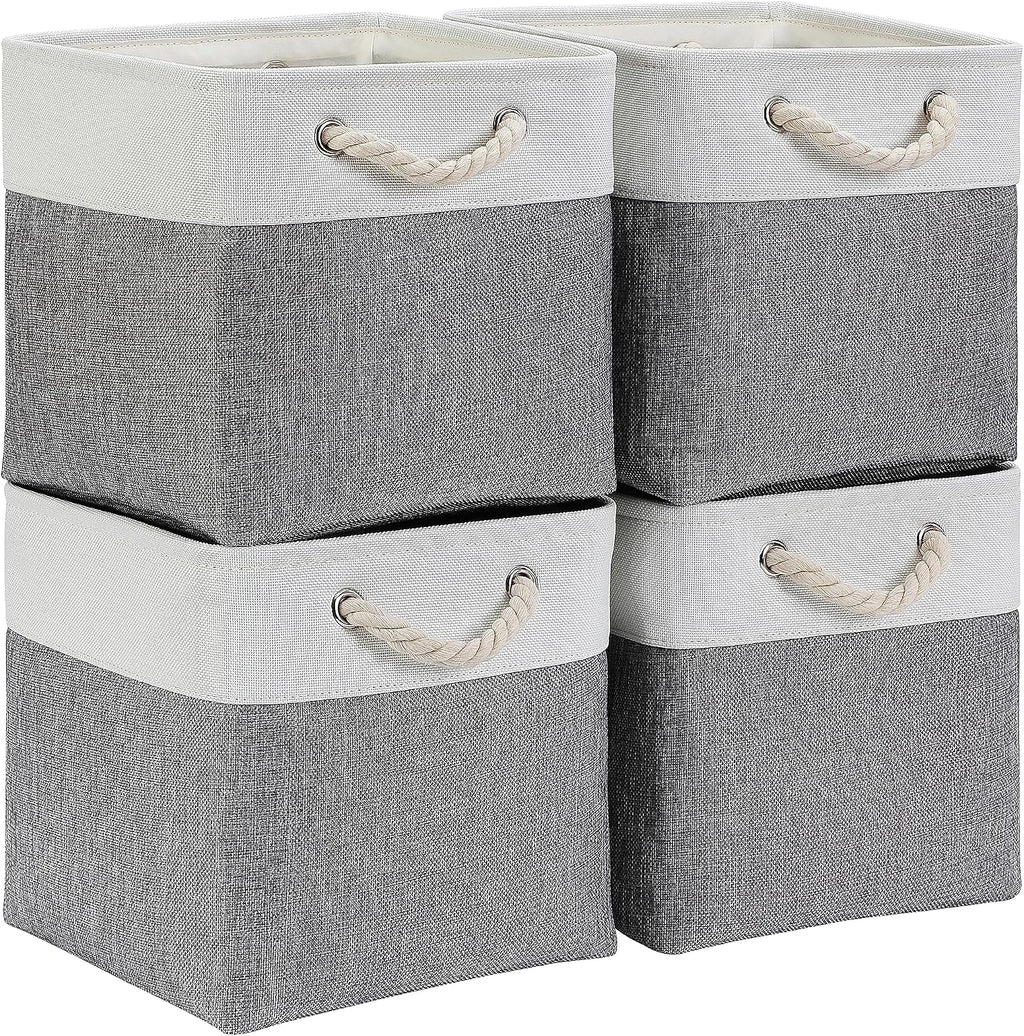 Mangata Fabric Storage Basket, Canvas Cube Storage Boxes 11.8 x 11.8 inch for Cupboards, Shelves, Closet, Grey Whiteï¼ˆ30x30x30cm, 4 Packï¼‰