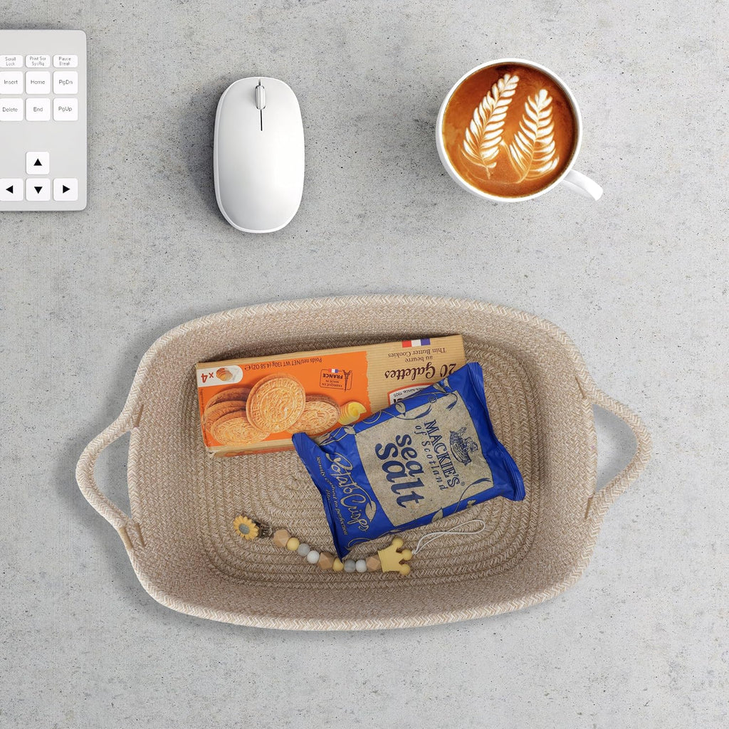 XUANGUO Medium Woven Cotton Rope Storage Basket with Handles, Oatmeal | Small decorative rectangle storage bin for baby nursery items and cat toys; ideal as an empty gift basket or dog toy basket