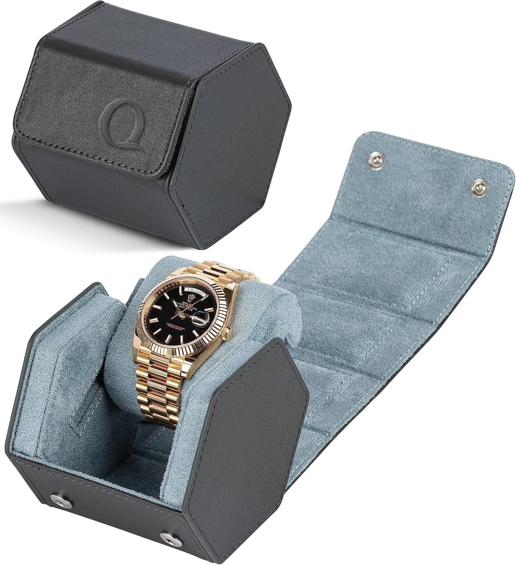 QWATCHBANDS Leather Watch Cases for Men - Hexagon Single & Double Watch Roll Travel Case - Genuine Napa Leather with Velvet Interior - Storage & Display Holder 1 or 2 Watches