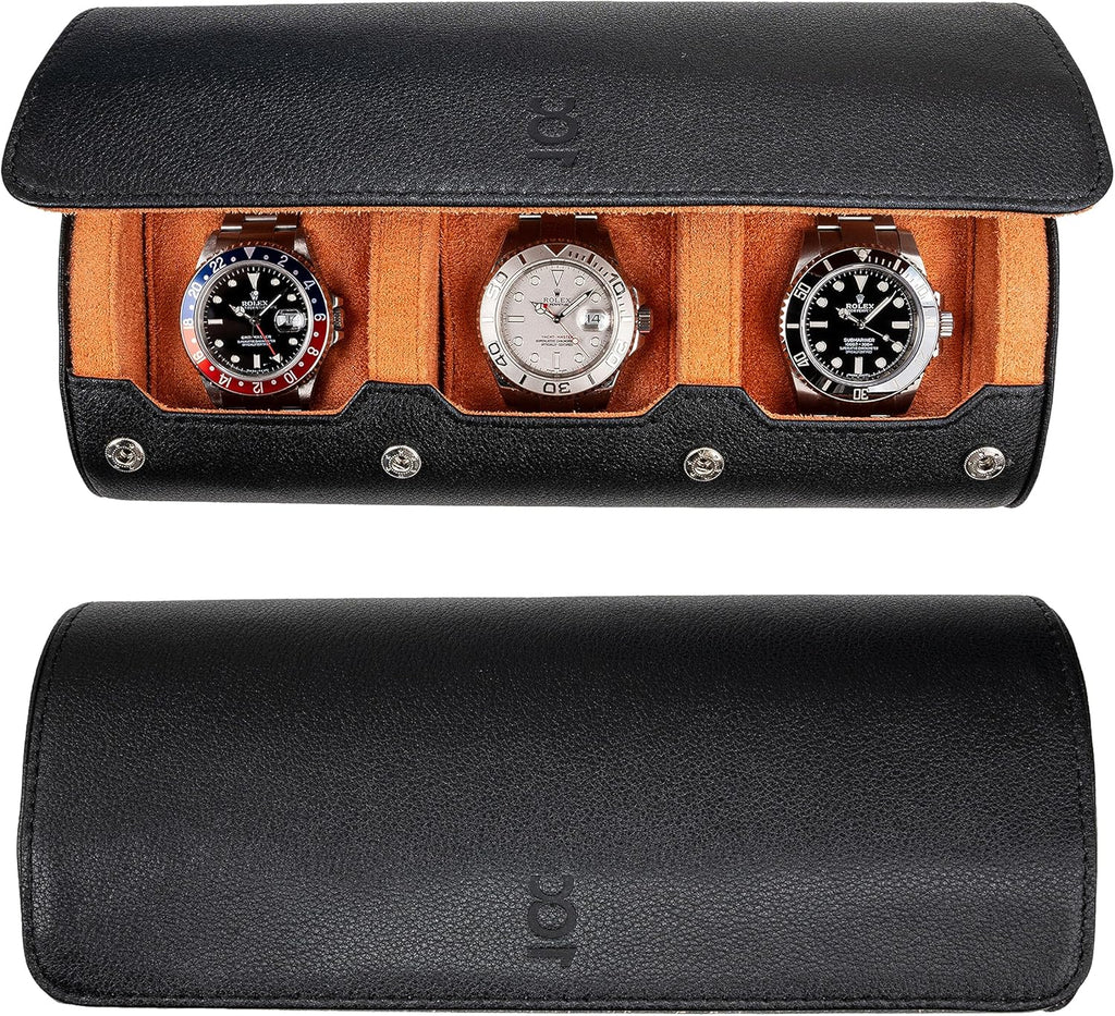 DailyWatch | Watch Roll Travel Case For 3 Watches | Luxury Watch Case In Genuine Black Leather With Soft Velvet Interior | Watch Case Protect, Store, & Display Your Watches | Black Orange