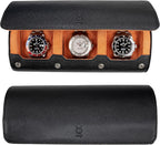 DailyWatch | Watch Roll Travel Case For 3 Watches | Luxury Watch Case In Genuine Black Leather With Soft Velvet Interior | Watch Case Protect, Store, & Display Your Watches | Black Orange