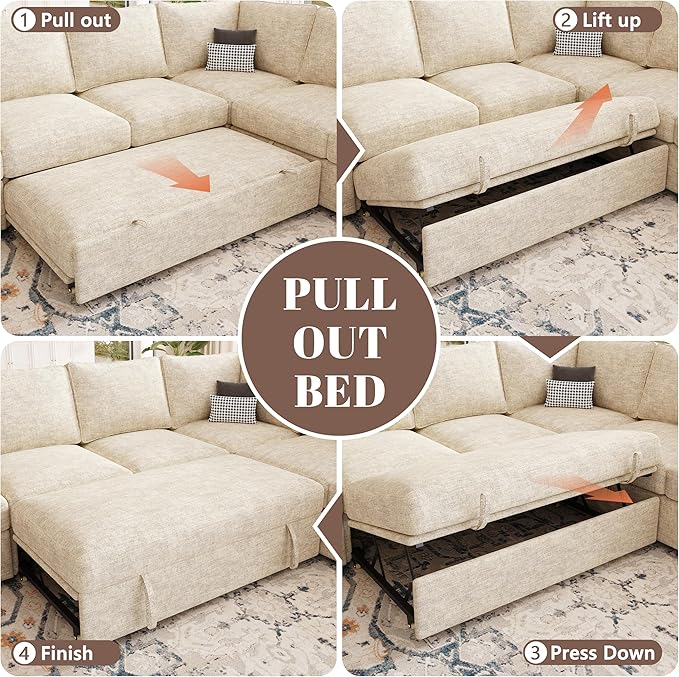 108 Inch Modular Sectional Sofa with Pull Out Bed,U Shaped 7 Seat Sectional Sleeper Sofa with Storage,Sectional Couches for Living Room,Cloud Modular Couch,Removable Sofa Cover,Beige
