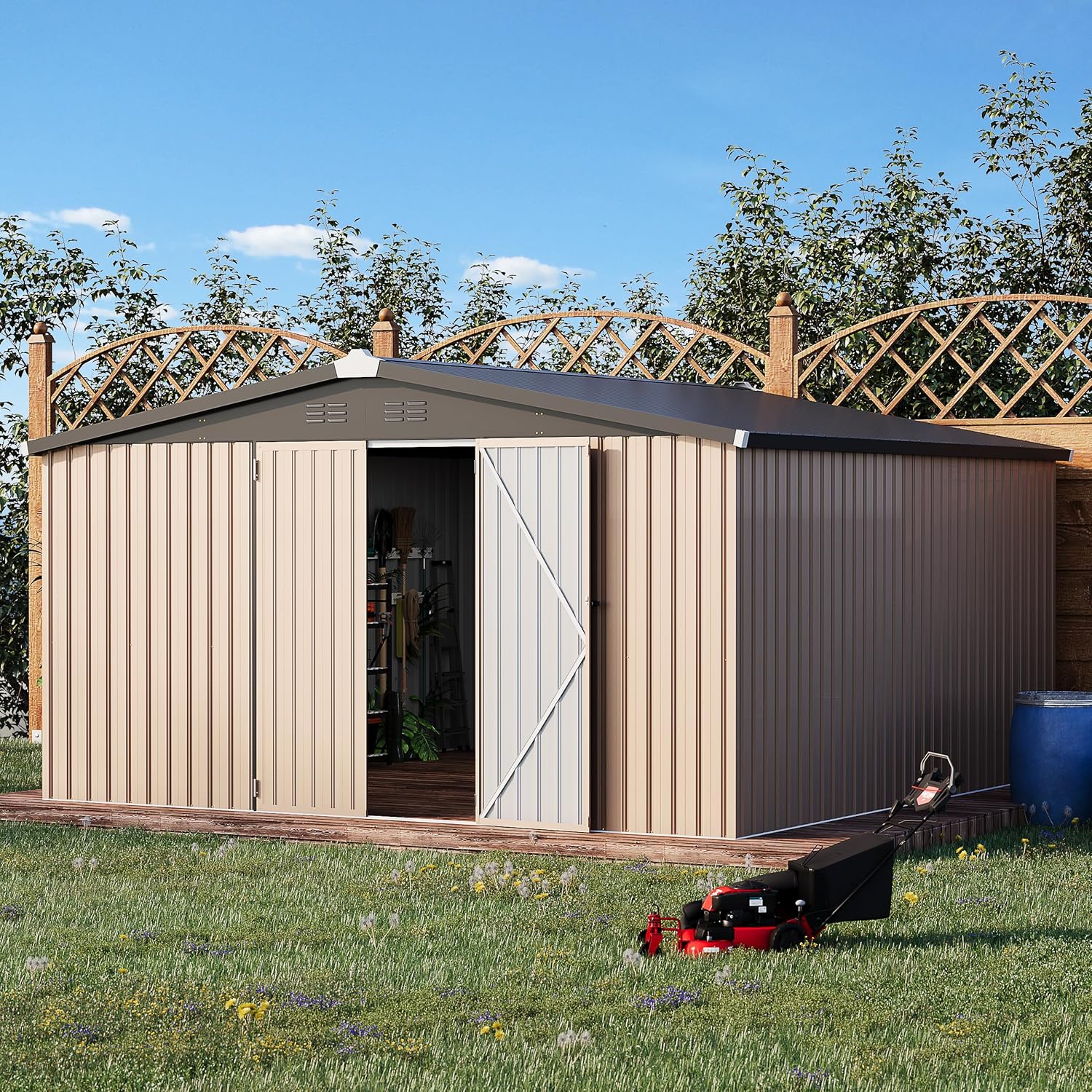 AECOJOY 12' x 12' Shed Metal, Outdoor Storage Sheds & Outdoor Storage 12' x 12' with Lockable Doors, Large Steel Yard Shed, Utility and Tool Storage for Garden, Backyard, Patio, Outside use in Grey