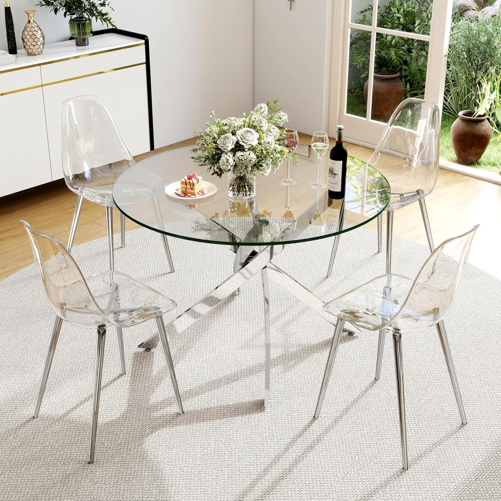 Clear Round Glass Dining Table Set for 4, 5 Piece Circle Kitchen Table Set, 3...