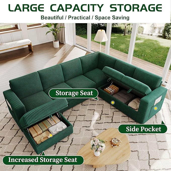 106.7" Sectional Sleeper Sofa with Pull Out Couch, Modern 7 Seat U Shaped Modular Couch, Green Sectionals Modular Sofa with Storage, Comfy Corduroy Couches Sectional for Living Room & Apartment