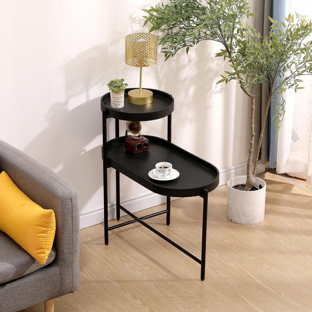 2-Tier Side Table, Metal & Wood Construction with Storage Shelf - Modern ...