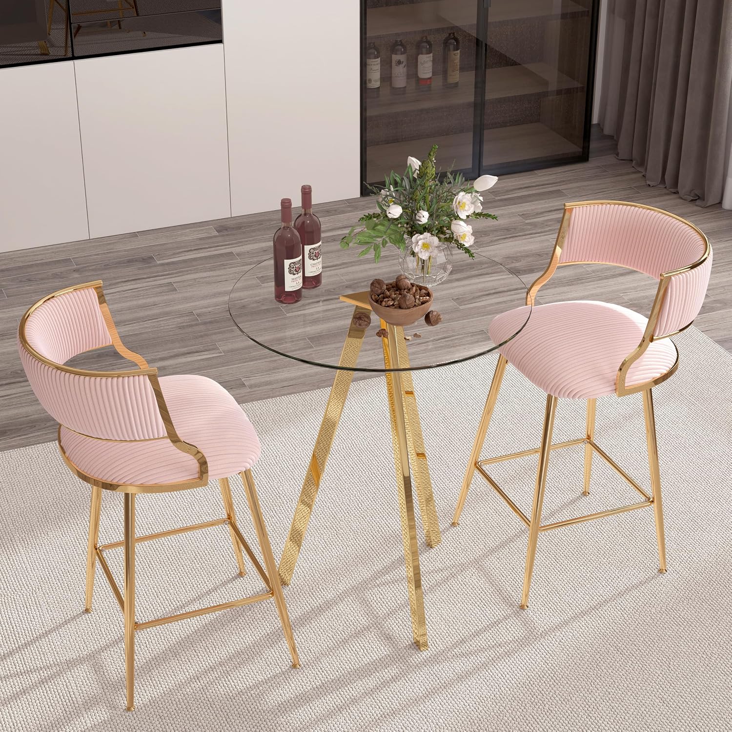 Round Bar Table, 37.4" High Pub Table, 31" Small Cocktail Table with Metal Base & Glass Top, for Small Spaces, Bistro Pub, Cafe(Gold)