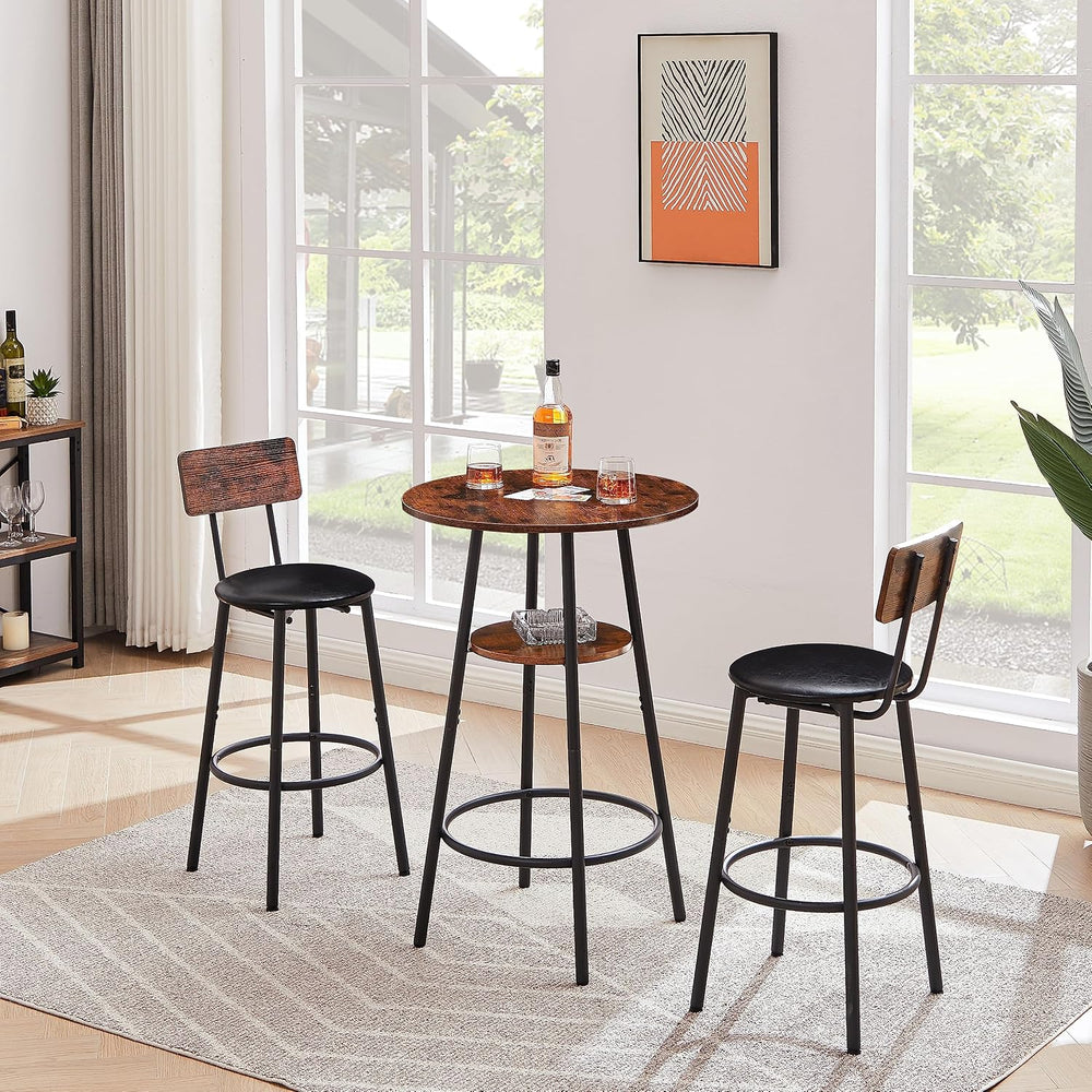 23.6" 3 Piece Round Bar Table and Chair Set with Shelf Rustic Brown | Ru...