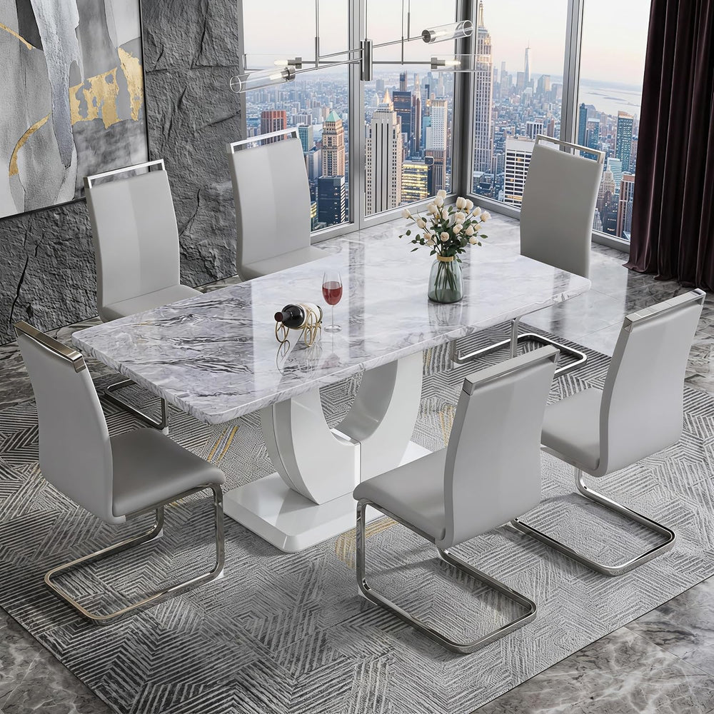 JUFU 7-Piece Dining Table Set for 6, 63-Inch Faux Marble Table