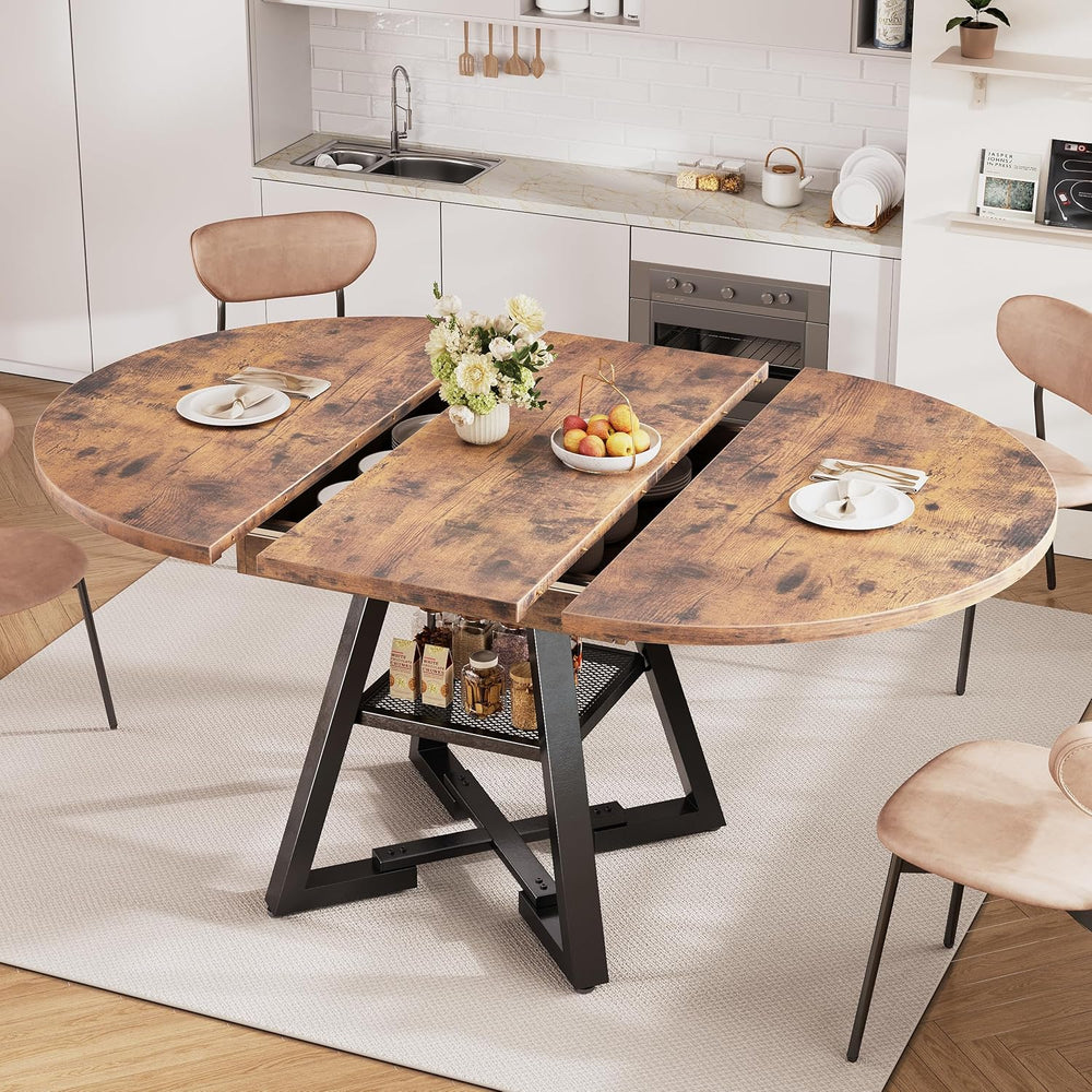 43‘’-57‘’ Extendable Round Dining Table for 4-6, Modern Industrial Kitchen Ov...