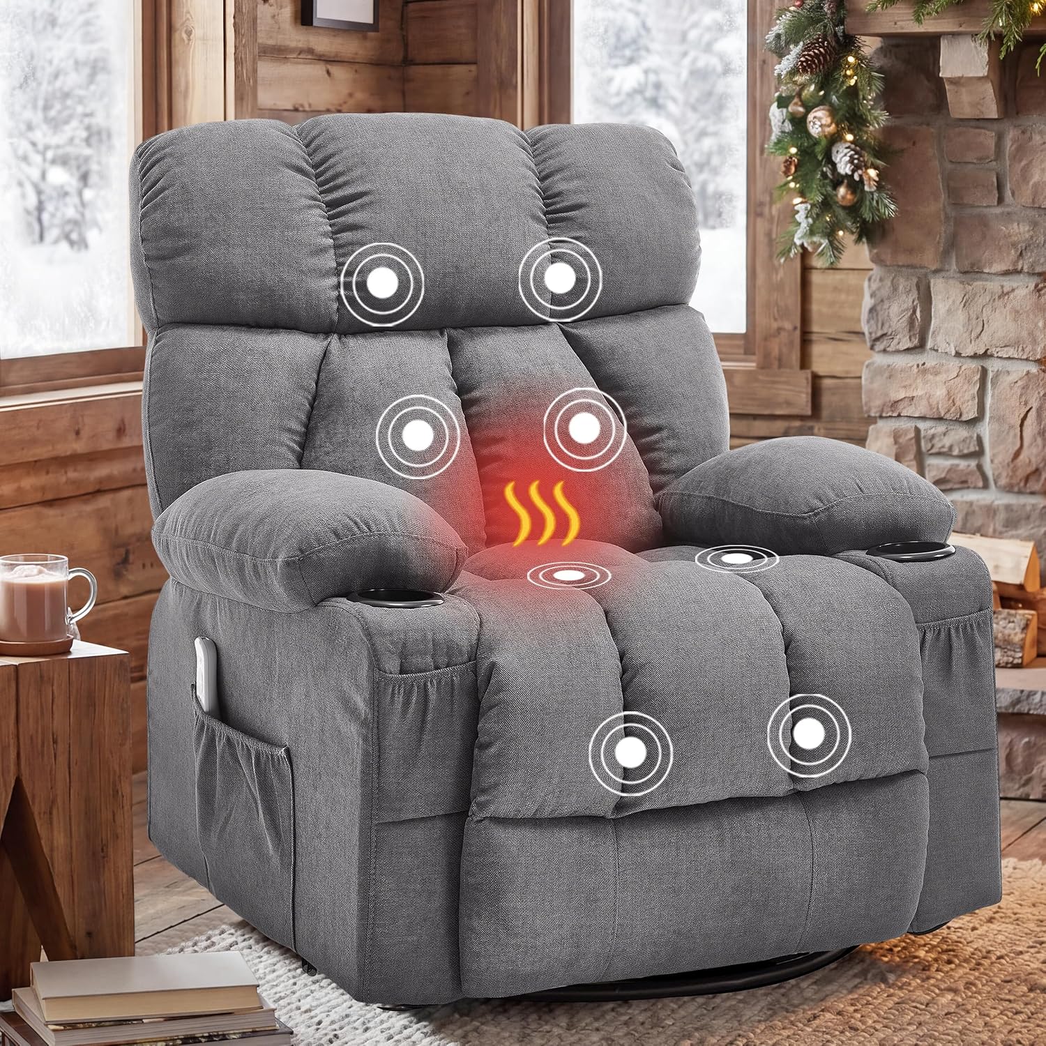 Oversized 360° Swivel Massage Rocker Recliner Chair, Massage & Heat, Grey | Vibration Massage, USB Charge Port, 4 Pockets 2 Cup Holders, Comfy Rocking Recliners for Living Room & Bedroom, Reading Chair