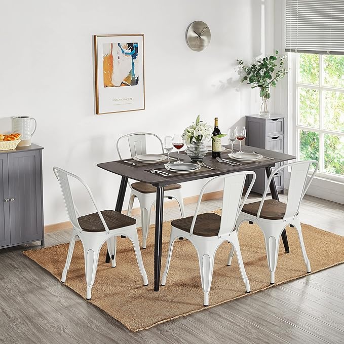 Yaheetech Metal Dining Chairs Set of 4, Industrial Stackable Kitchen Chairs with Wood Top Seat for Dining Room/Restaurant/Bistro/Patio, Indoor & Outdoor Use, White