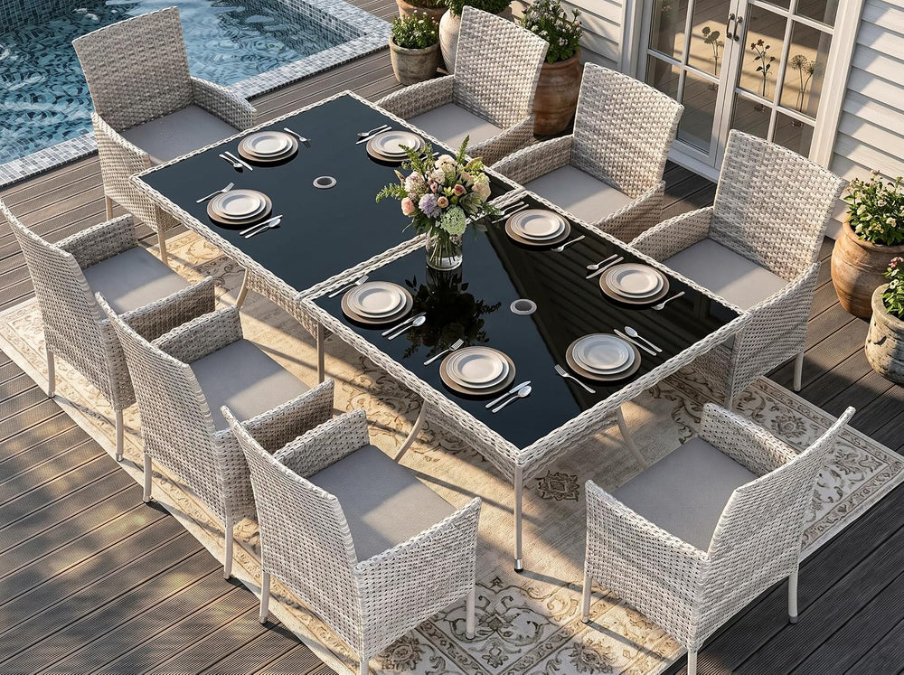 Outdoor Dining Set, 10-Piece Patio Furniture Set with Tempered Glass Table an...