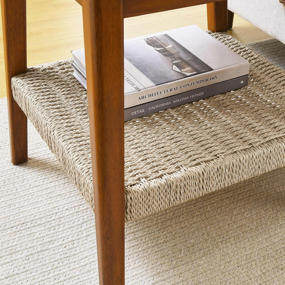 Boho Side Table with Woven Shelf and Storage, Mid-Century Design for Bedside,...