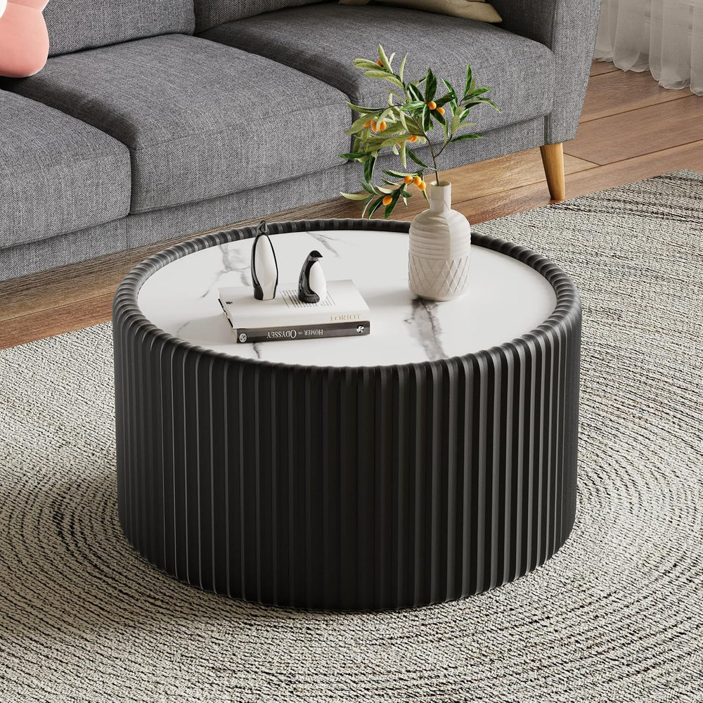 Round Coffee Table Set of 2 with Sintered Stone Top Cylinder-Shape Coffee Sid...