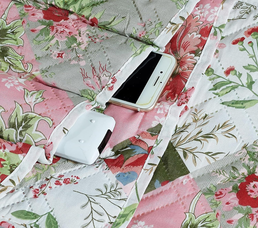 Brilliant Sunshine Peach Flowers Patchwork Couch Armrest 5 Pockets Organizer, Slip Resistant Recliner Armchair Caddy, Washable Remote Controls Holder, Storage for Magazine, Tablet, iPad, Peach Olive