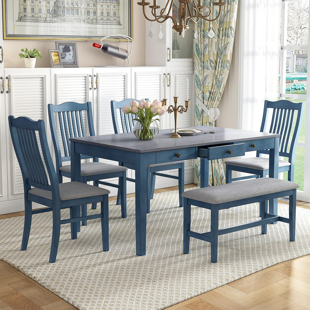 LUMISOL 6-Piece Dining Table Set with Bench, Farmhouse Solid Wood Kitchen Tab...