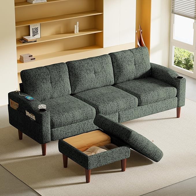Ball & Cast Modular L Shaped Sectional Sofa with Movable Storage Ottoman,3 Seater Comfy Cloud Couch W/Cupholders and USB Ports,Linen Fabric Sofa for Living Room,Apartment,Small Space,Green,78"