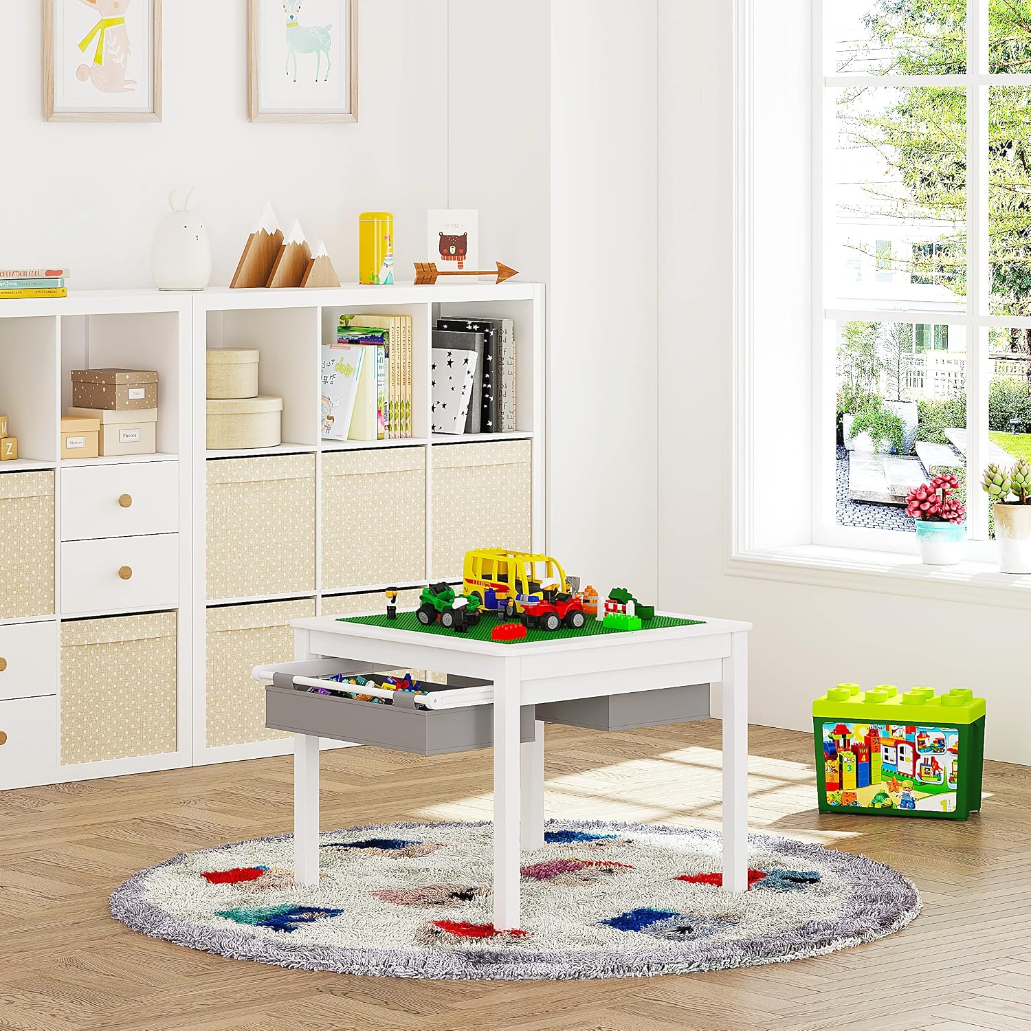 UTEX 2 in 1 Kids Construction Play Table with Drawers Built-in Baseplate | Wooden Kids Building & Activity Table with Storage, Water-based Paint Finish, Compatible with Lego and Duplo Bricks