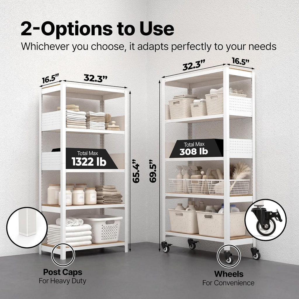 House White 32" W 5 Tier Rolling Pegboard Storage Cart Wheels | Rolling utility cart with lockable wheels and pegboards for kitchen, laundry, pantry and garage storage