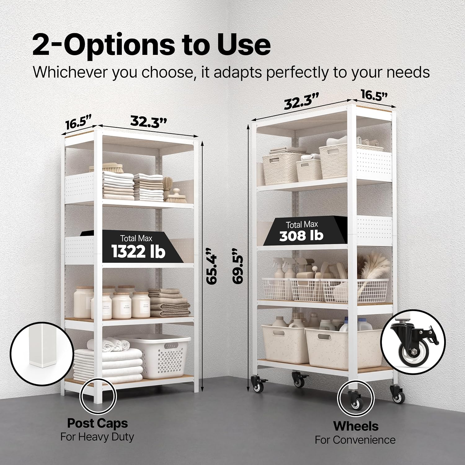 House White 32" W 5 Tier Rolling Pegboard Storage Cart Wheels | Rolling utility cart with lockable wheels and pegboards for kitchen, laundry, pantry and garage storage