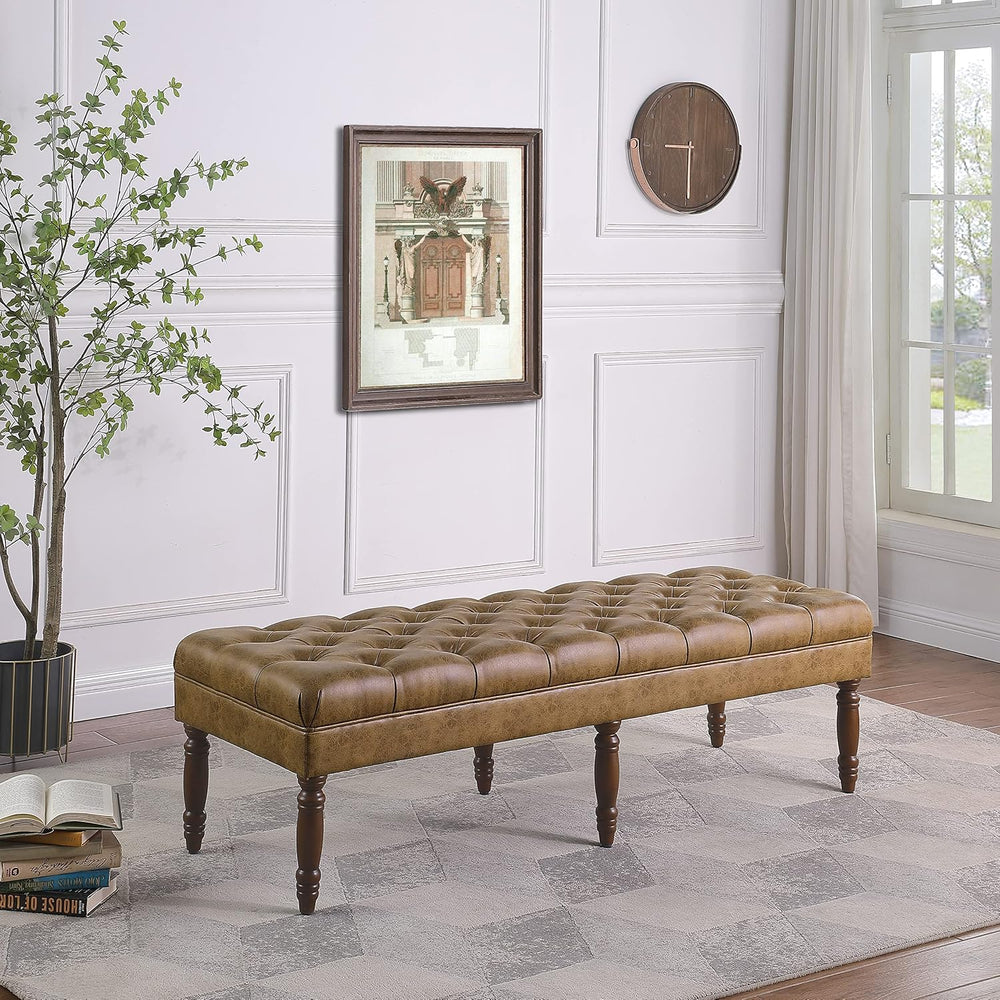 HomePop Large Upholstered Tufted Bench – Light Brown Leather