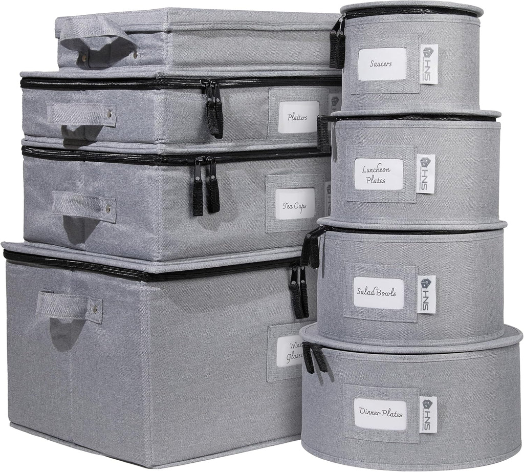 Hard Shell China Storage Containers 8-Piece Set Moving Boxes for Dinnerware, Glasses, Plates, Mugs and Saucers Sturdy Dish Organizer with Dividers for Seasonal Storage - Service for 12 - Gray