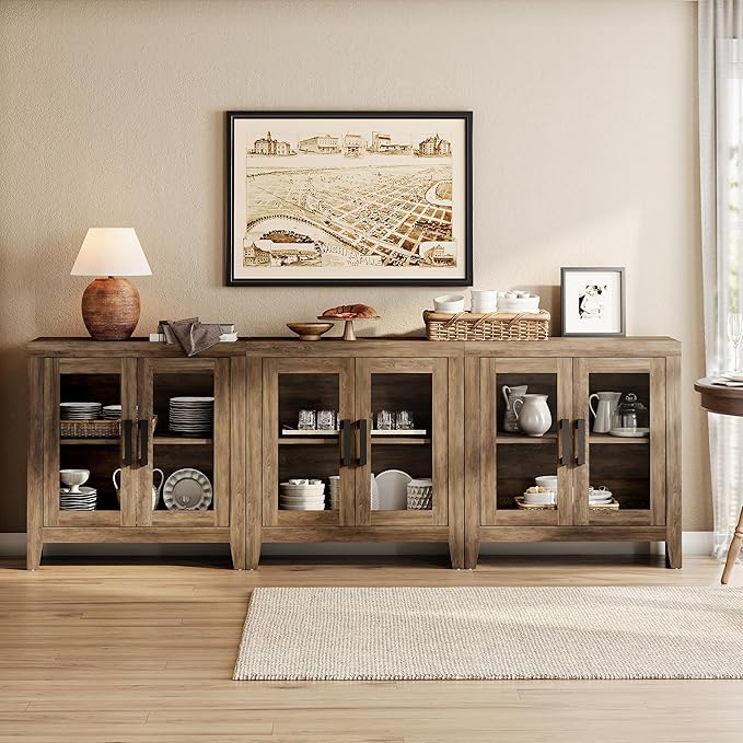 WAMPAT Farmhouse TV Stand for TVs up to 85”, Rustic Wood Entertainment Center with Adjustable Shelf, Glass Doors & Storage, Media Console Cabinet for Living-Room, Bedroom, Brown