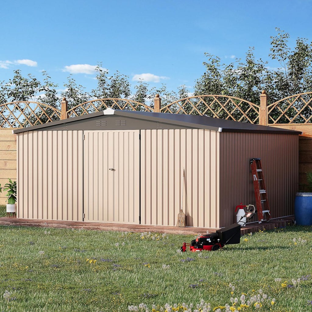 AECOJOY 12' x 14' Shed Outdoor Metal Storage, Large Storage Sheds & Outdoor Storage Clearance 14' x 12', Large Steel Yard Shed, Tool Storage for Garden, Backyard, Patio, Outside use in Grey