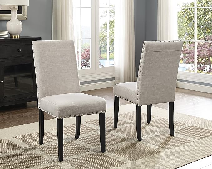 Roundhill Furniture Biony Tan Fabric Dining Chairs with Nailhead Trim, Set of 2, Brown, Tan