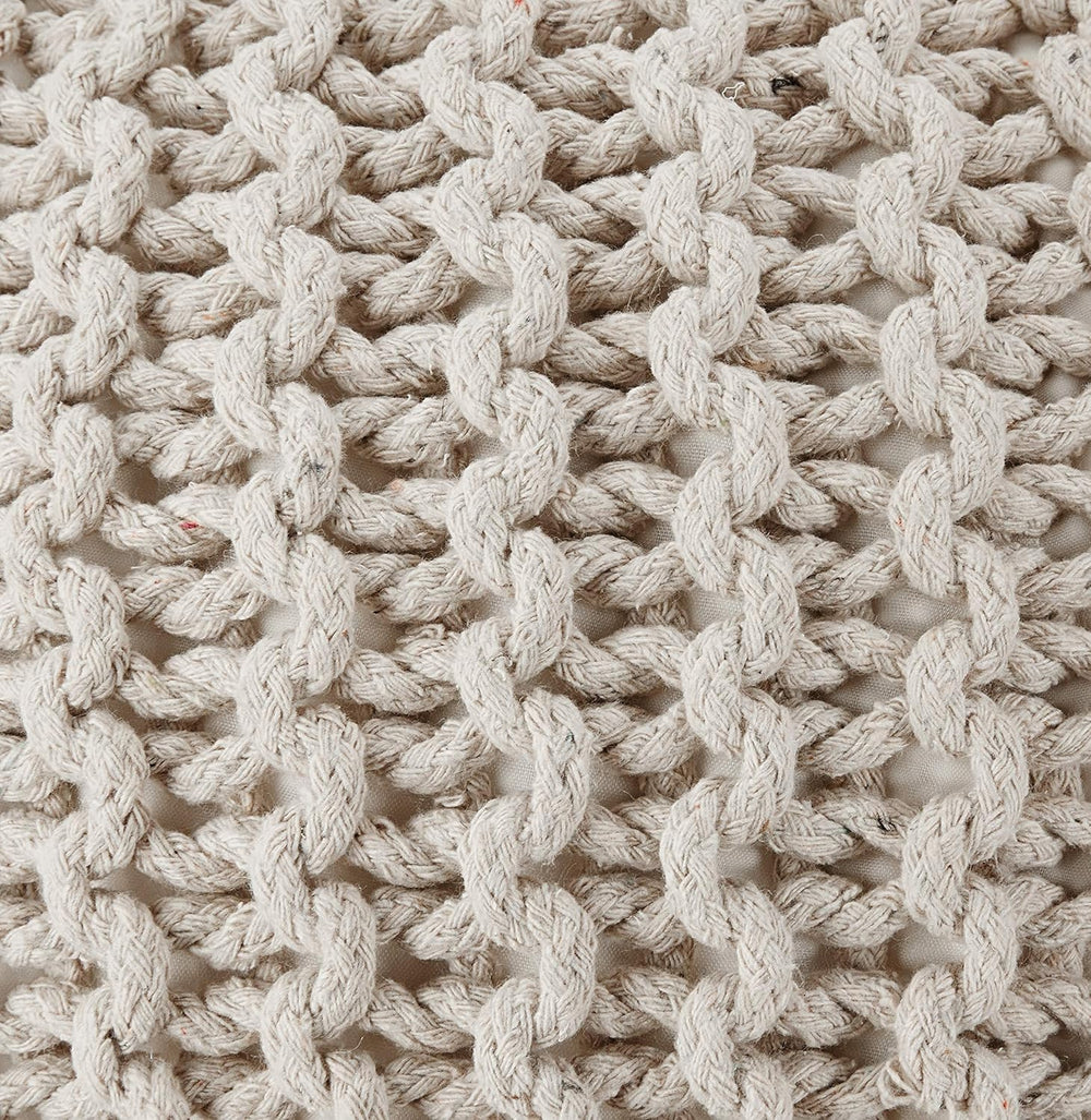 · REDEARTH · Round Pouf Ottoman - Hand Knitted Boho Poof Footrest - Ivory