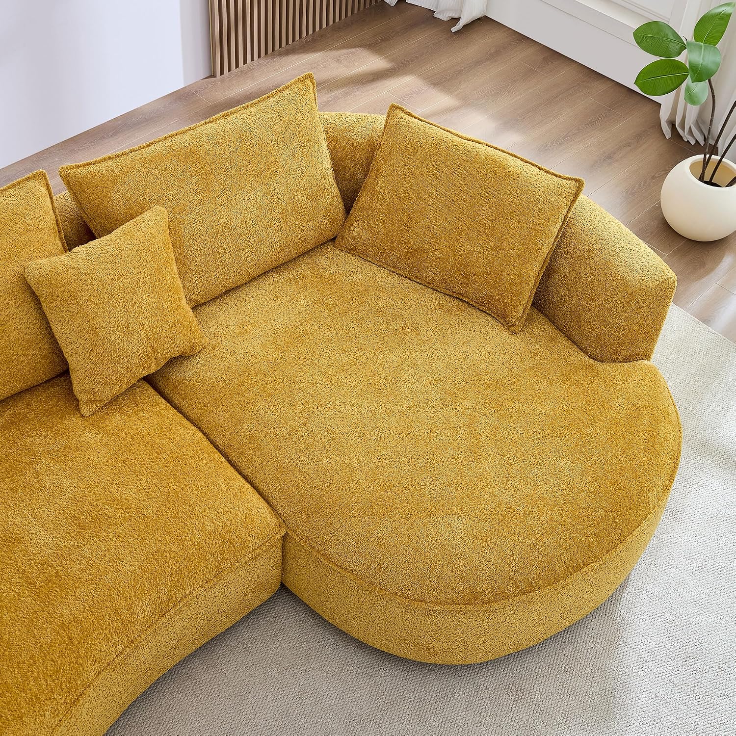 KEIKI 125" Luxury Curved Boucle Sectional Sofa with Right Chaise, Upholstered Modern Style Oversized 5-Seater Couch with Thickened Seat Cushions, Easy Assembly, for Apartment, Living Room, Yellow