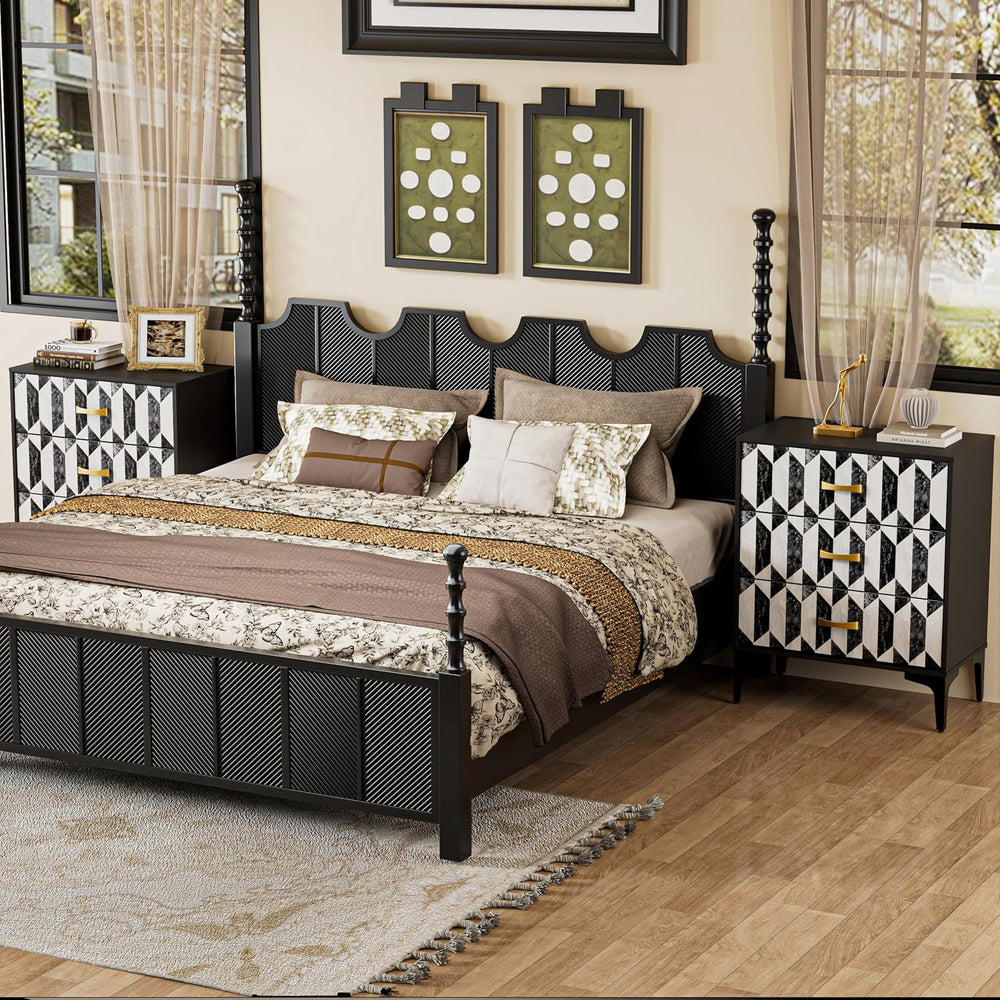 Anbuy Black Marble Nightstand, Modern Night Stand with 3 Drawers for Bedroom,...