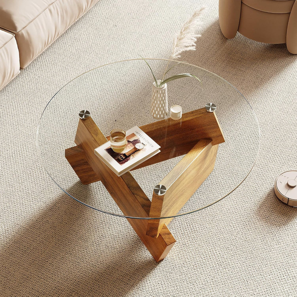 Honyee Modern Round Coffee Table, 30.7" x 30.7" x 16.1" Temper...