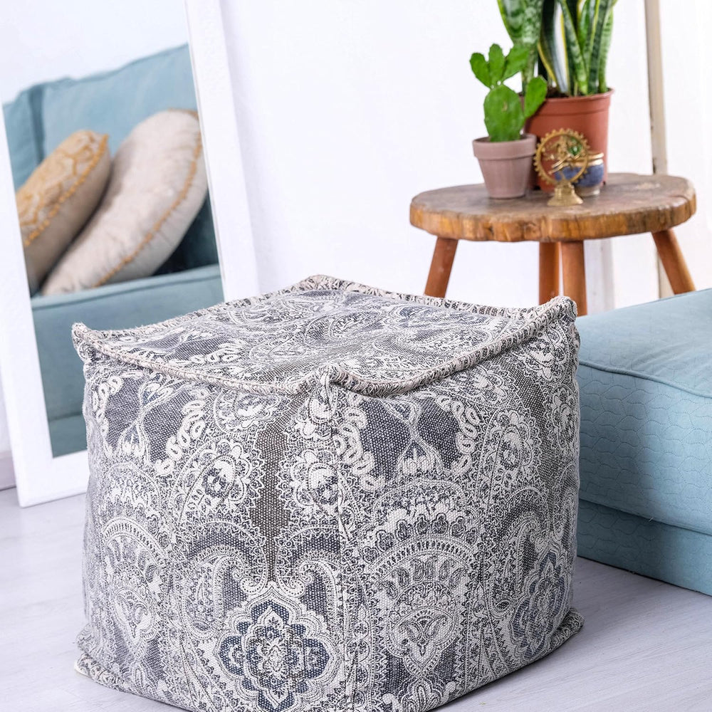 Mandala Life Art Pouf Ottoman - 20x20x20" - Foot Rest Stool - Gray Cube