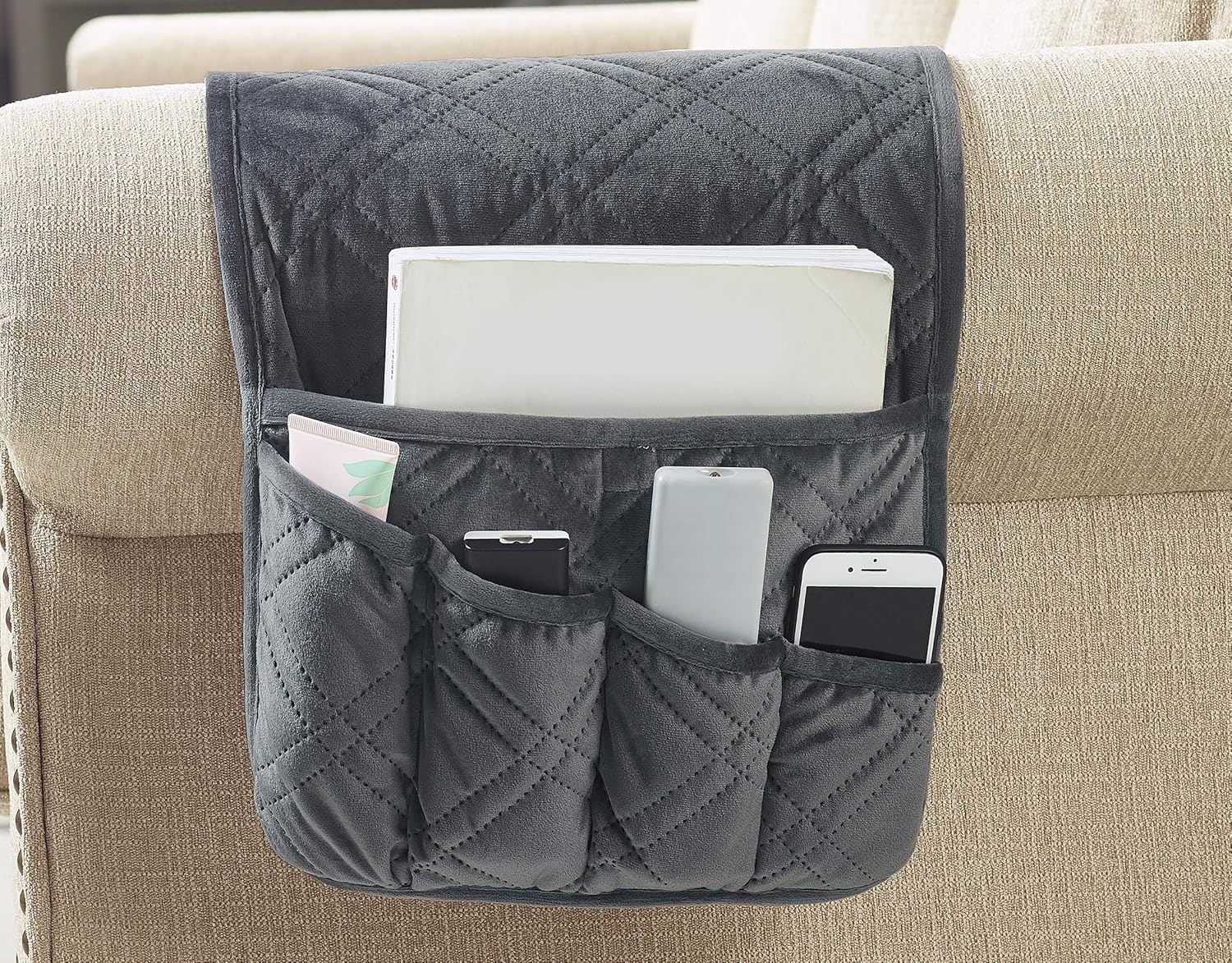 Brilliant Sunshine Grey Velvet Couch Sofa Armrest 5 Pockets Organizer, Slip Resistant Recliner Armchair Caddy, Washable Remote Controls Holder, Storage for Magazine, Tablet, Phone, iPad, 35×13", Grey
