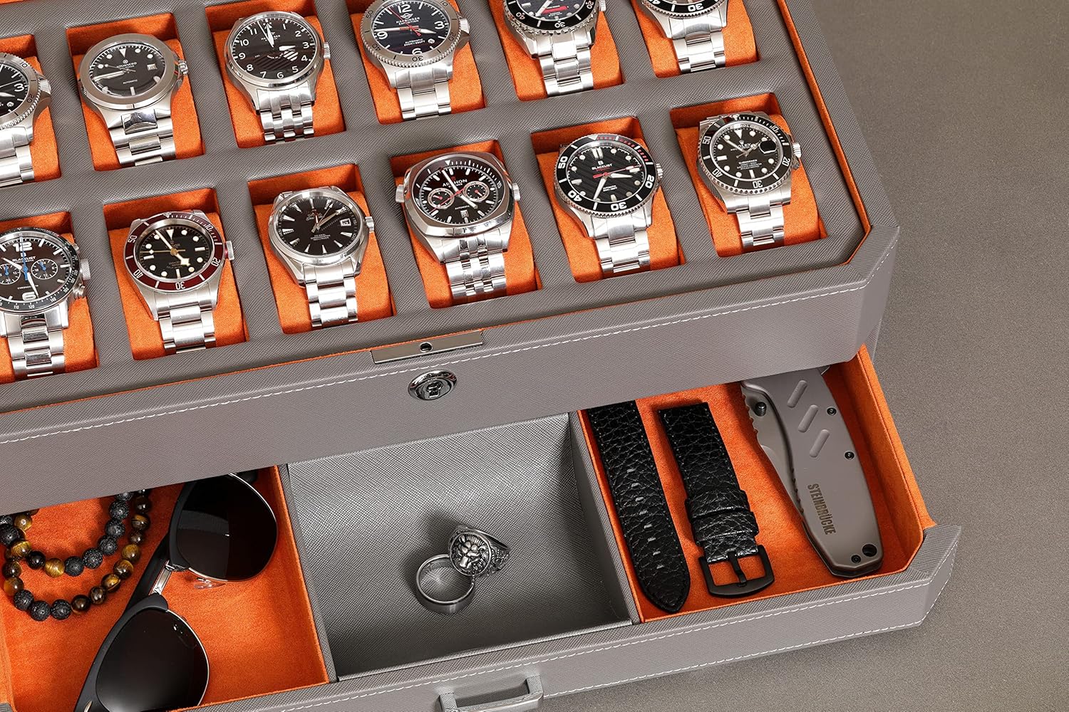 ROTHWELL 12 Slot Leather Watch Box with Valet Drawer - 12 Slot Luxury Watch Case Display Organizer, Microsuede Liner, Mens Accessories Holder, Jewelry Case, Jewelry Display Organizer (Grey/Orange)
