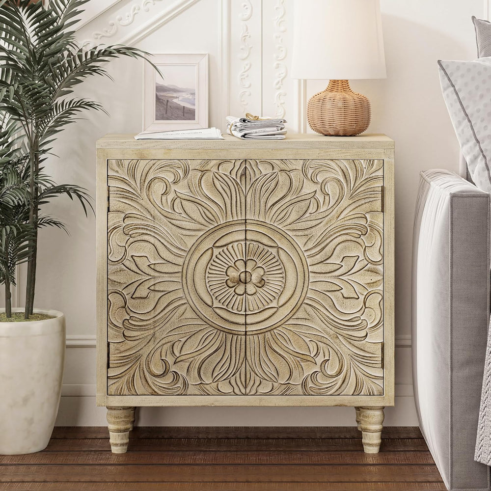 COZAYH Distressed Storage Cabinet with Carved Flower, Weathered White