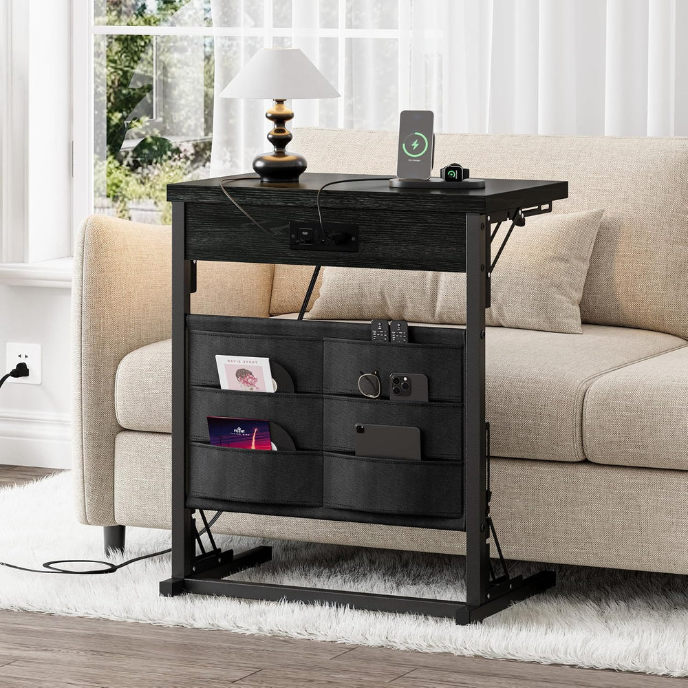 Folding C Table with Charging Station, C Shaped End Table, Sofa Tv Tray Table...