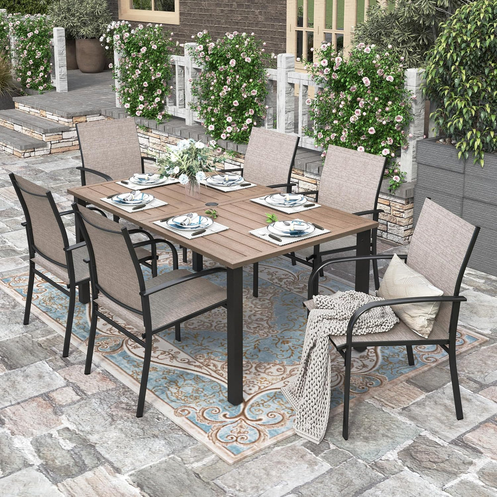 HERA'S HOUSE 7pc Patio Dining Set, Outdoor Wood-Like Metal Table & 6 ...